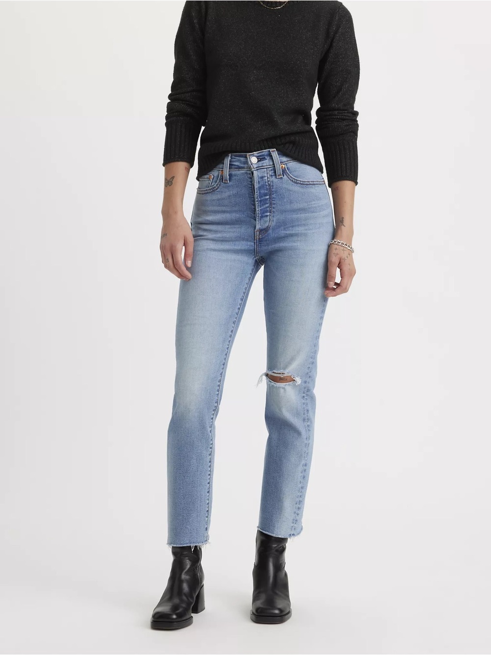 Levi's Wedgie Light Blue Straight Leg Jeans with Knee Rip and Raw Hem